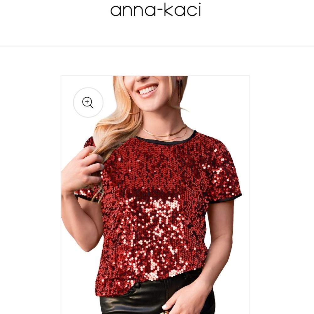Red Sequin Women's Top Short Sleeve Medium ANNA KACI